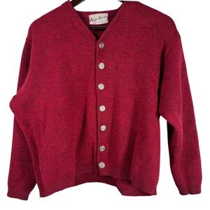 Vtg Kaso Knit 100% Worsted Wool Cardigan Burgundy Made in USA Metal Buttons L